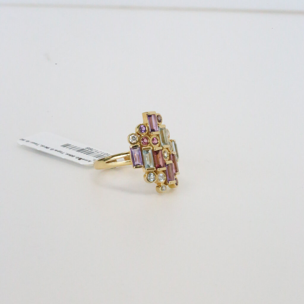 18k Yellow Gold .10ctw Diamond, .68ctw Amethyst, .94ctw Topaz, and .50ctw Tourmaline Mosaic Fashion Ring