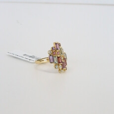 18k Yellow Gold .10ctw Diamond, .68ctw Amethyst, .94ctw Topaz, and .50ctw Tourmaline Mosaic Fashion Ring