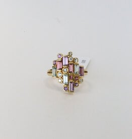 18k Yellow Gold .10ctw Diamond, .68ctw Amethyst, .94ctw Topaz, and .50ctw Tourmaline Mosaic Fashion Ring