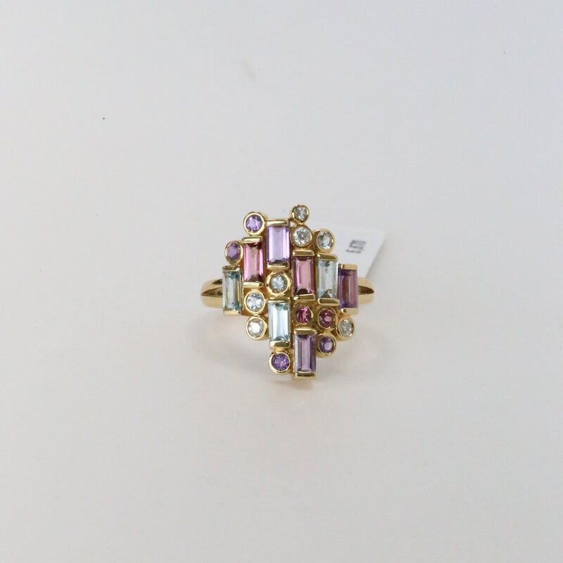 18k Yellow Gold .10ctw Diamond, .68ctw Amethyst, .94ctw Topaz, and .50ctw Tourmaline Mosaic Fashion Ring