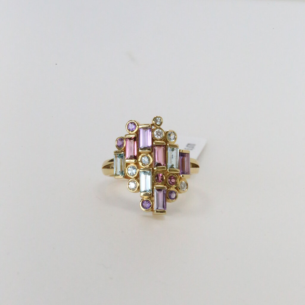 18k Yellow Gold .10ctw Diamond, .68ctw Amethyst, .94ctw Topaz, and .50ctw Tourmaline Mosaic Fashion Ring