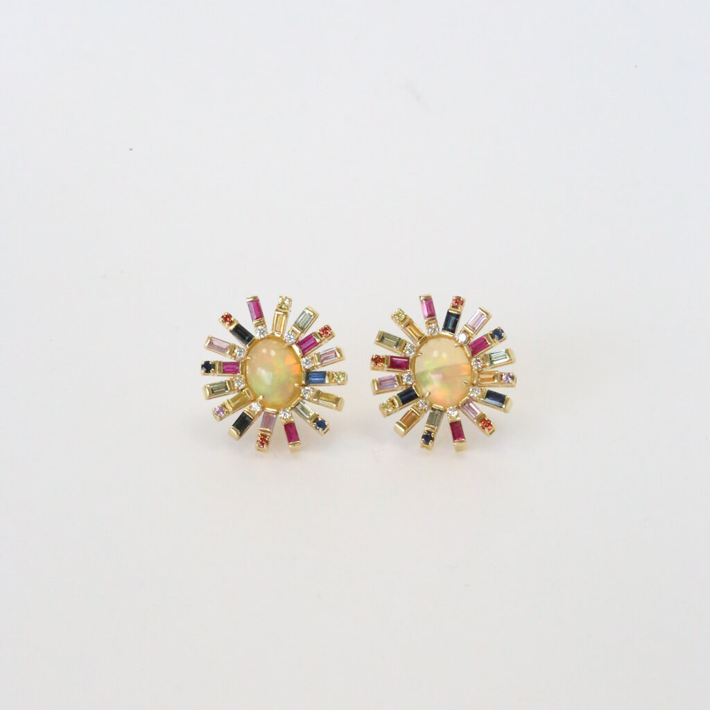 18k Yellow Gold 2.52ctw Opal, .26ctw Diamond, and 2.89ctw Multi Sapphire Halo Stud Earrings