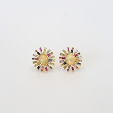18k Yellow Gold 2.52ctw Opal, .26ctw Diamond, and 2.89ctw Multi Sapphire Halo Stud Earrings