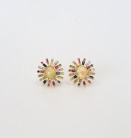 18k Yellow Gold 2.52ctw Opal, .26ctw Diamond, and 2.89ctw Multi Sapphire Halo Stud Earrings