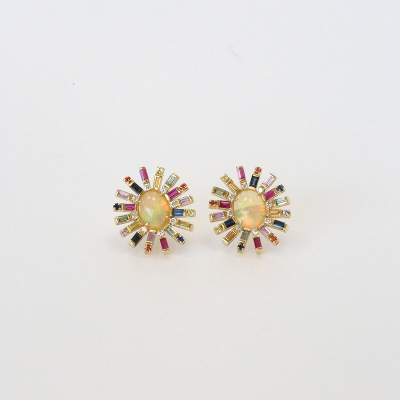 18k Yellow Gold 2.52ctw Opal, .26ctw Diamond, and 2.89ctw Multi Sapphire Halo Stud Earrings