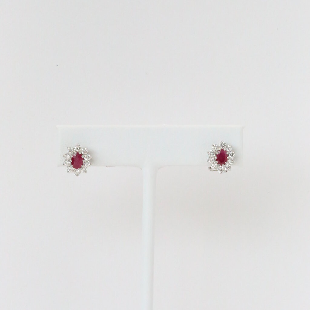 18k White Gold .98ctw Diamond 1.17ctw Ruby Oval Halo Stud Earrings