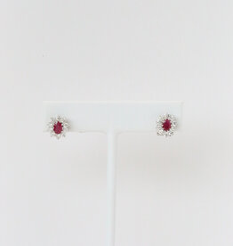 18k White Gold .98ctw Diamond 1.17ctw Ruby Oval Halo Stud Earrings