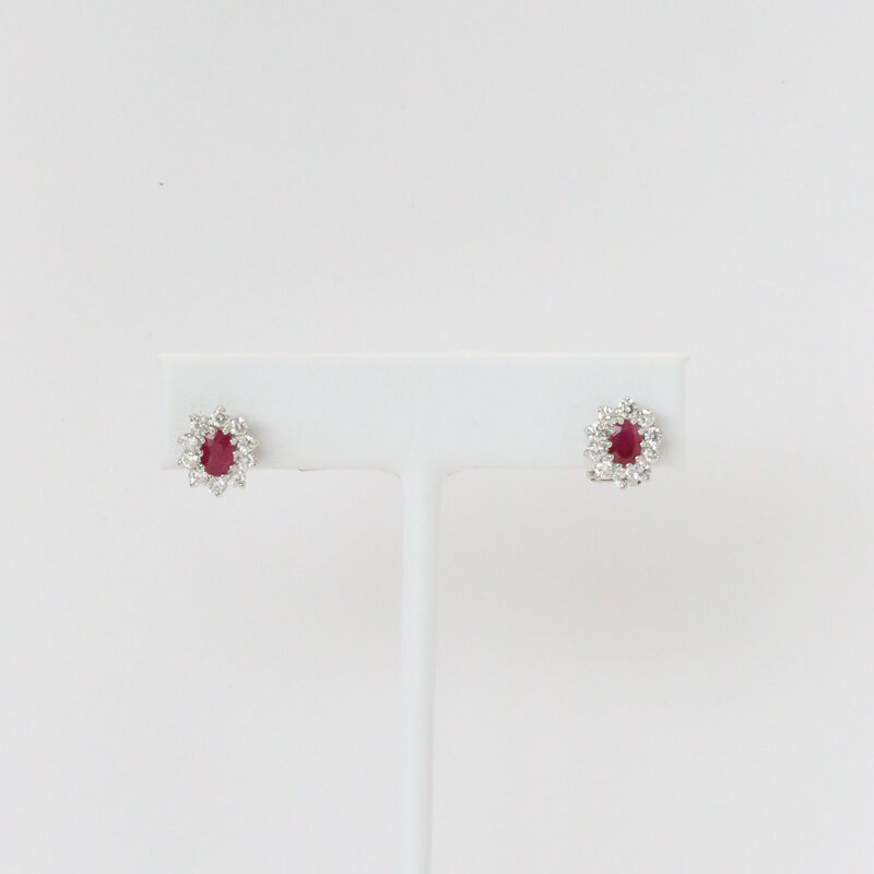18k White Gold .98ctw Diamond 1.17ctw Ruby Oval Halo Stud Earrings