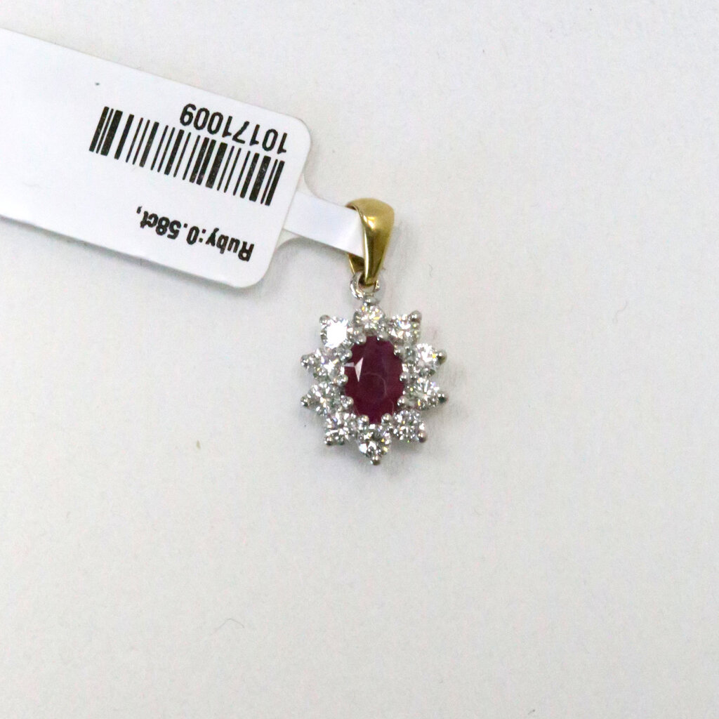 18k Two-Tone Gold .48ctw Diamond .58ct Ruby Oval Halo Pendant (Pendant Only)