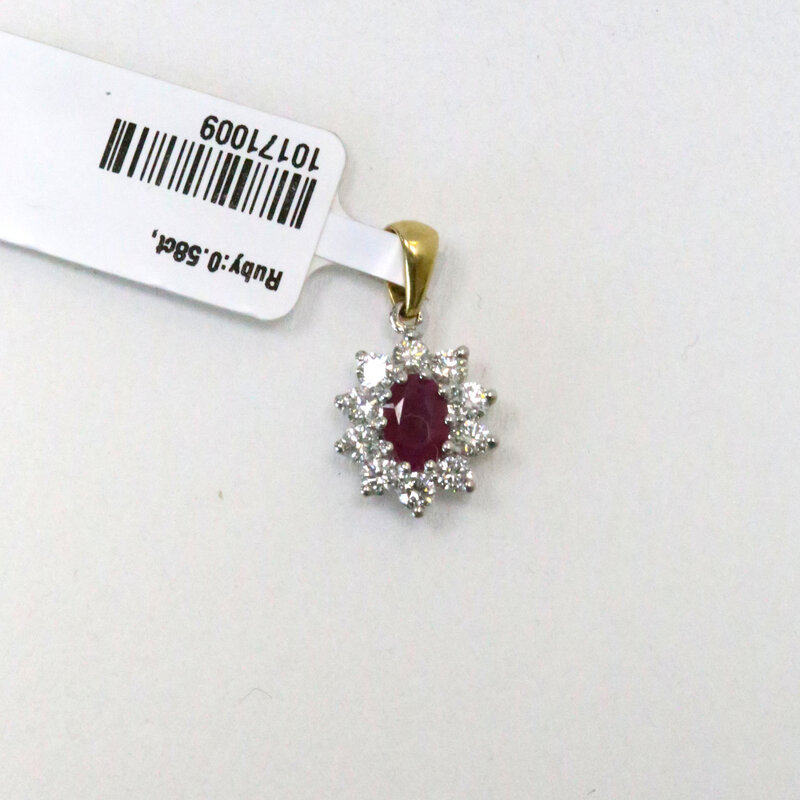 18k Two-Tone Gold .48ctw Diamond .58ct Ruby Oval Halo Pendant (Pendant Only)