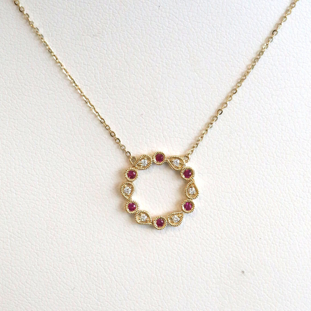 American Jewelry 14k Yellow Gold .07ctw Ruby .04ctw Diamond Open Circle Necklace