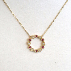 American Jewelry 14k Yellow Gold .07ctw Ruby .04ctw Diamond Open Circle Necklace