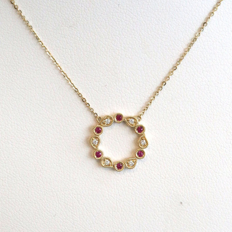 American Jewelry 14k Yellow Gold .07ctw Ruby .04ctw Diamond Open Circle Necklace