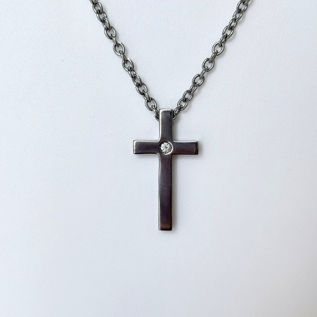 Titanium Polished with .05 Diamond Cross Necklace with Ball Chain (22 ")