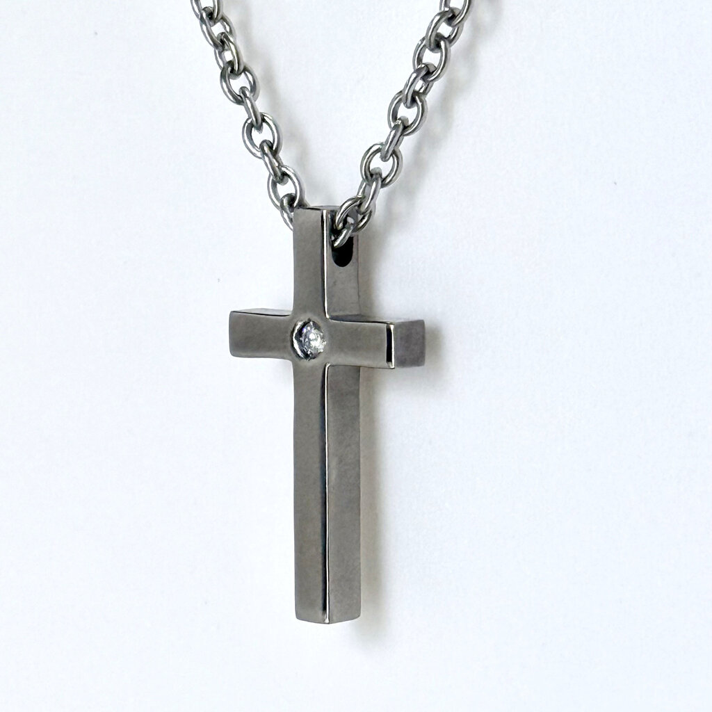 Titanium Polished with .05 Diamond Cross Necklace with Ball Chain (22 ")