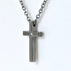 Titanium Polished with .05 Diamond Cross Necklace with Ball Chain (22 ")