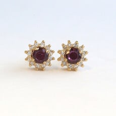 American Jewelry ESTATE 14k Yellow Gold Diamond & Garnet Round Halo Stud Earrings