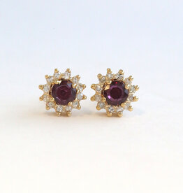 American Jewelry ESTATE 14k Yellow Gold Diamond & Garnet Round Halo Stud Earrings