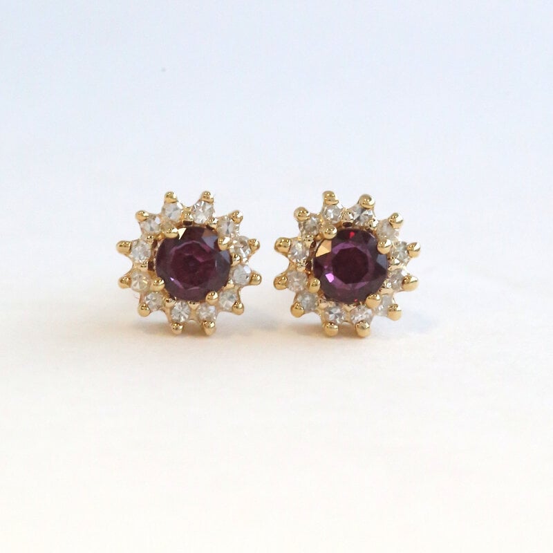 American Jewelry ESTATE 14k Yellow Gold Diamond & Garnet Round Halo Stud Earrings
