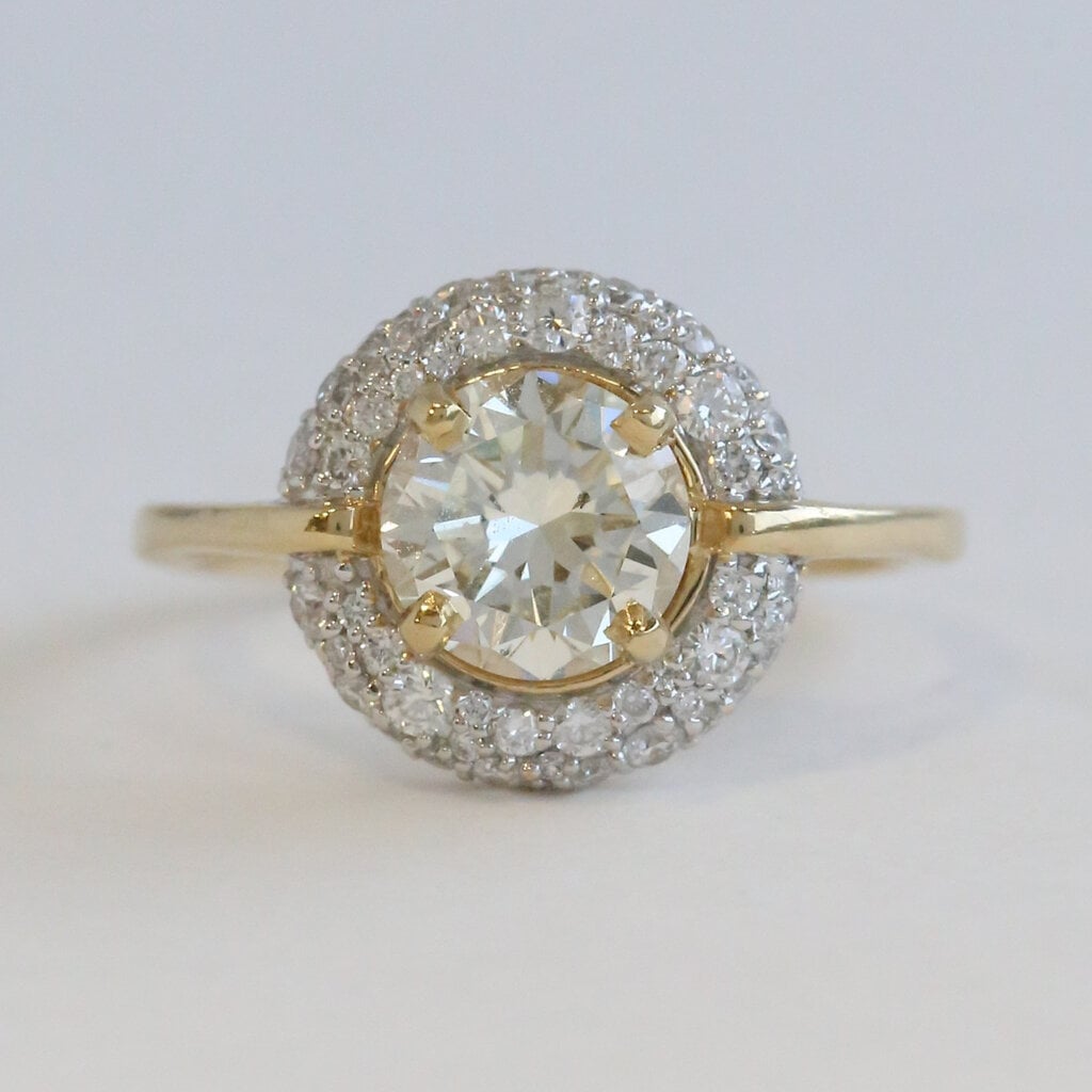 American Jewelry ESTATE 14k Yellow Gold 1.5ctw (1.30ctr) Round Diamond Pave Halo Engagement Ring