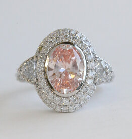 American Jewelry 14k White Gold 4ctw (3ct Fancy Intense Pink VS1 Ctr) Lab Grown Oval Diamond Double Halo Engagement Ring