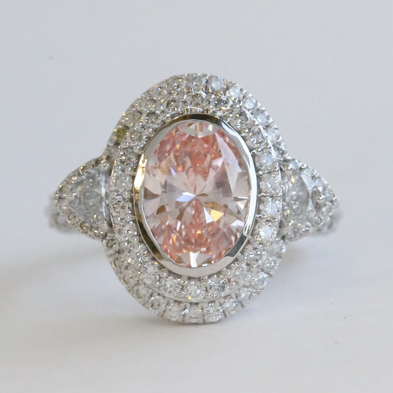 American Jewelry 14k White Gold 4ctw (3ct Fancy Intense Pink VS1 Ctr) Lab Grown Oval Diamond Double Halo Engagement Ring