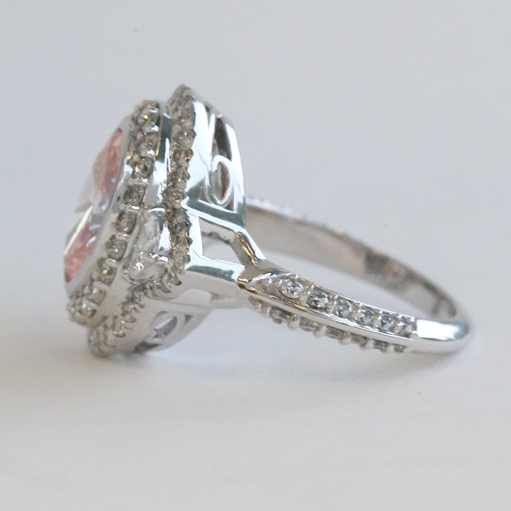 American Jewelry 14k White Gold 4ctw (3ct Fancy Intense Pink VS1 Ctr) Lab Grown Oval Diamond Double Halo Engagement Ring