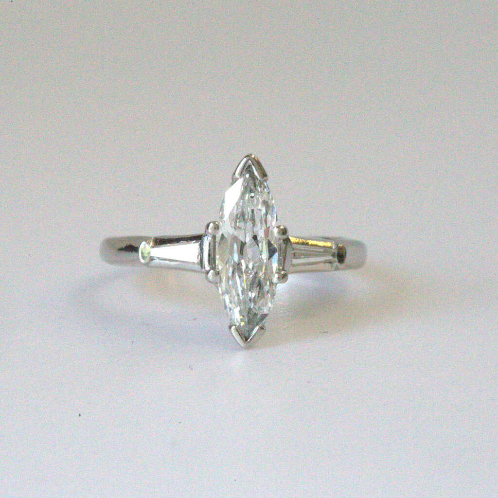 American Jewelry ESTATE Platinum 1.18ctw Marquise (1ct) & Baguette Engagement Ring (Size 6)