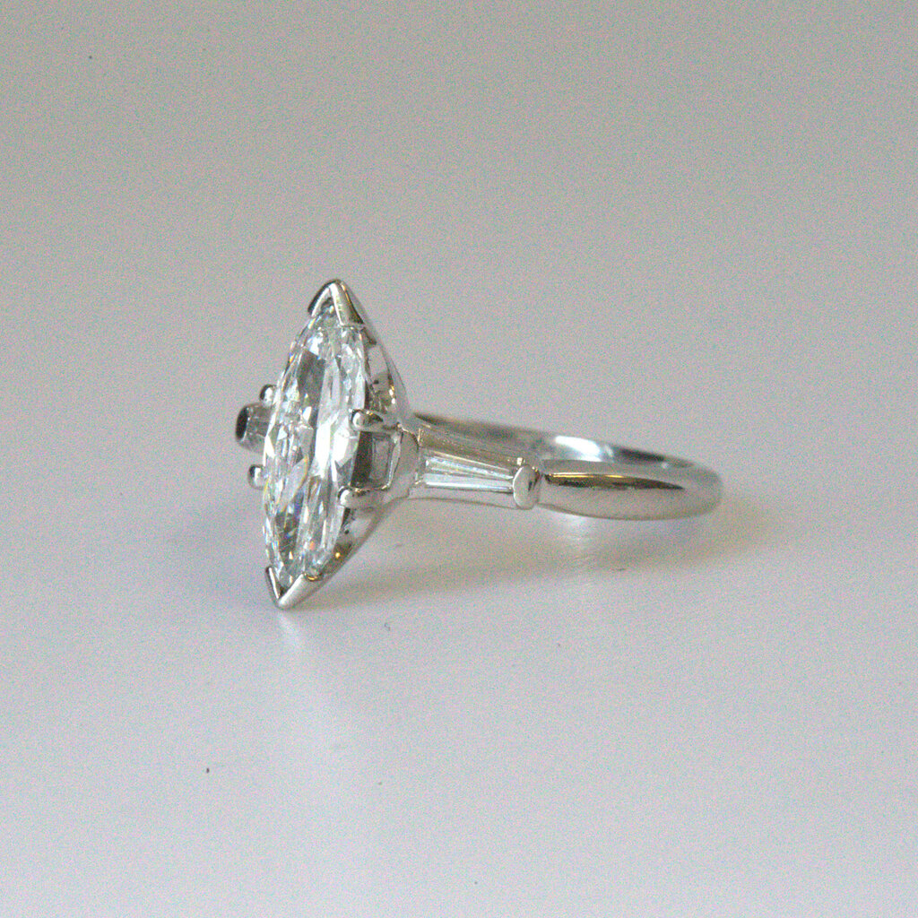 American Jewelry ESTATE Platinum 1.18ctw Marquise (1ct) & Baguette Engagement Ring (Size 6)