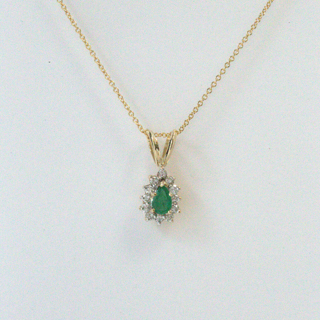 American Jewelry ESTATE 14k Yellow Gold 1/3ctw Diamond Halo & 0.40ct Pear Emerald Pendant (Charm Only)