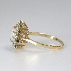 American Jewelry ESTATE 14k Yellow Gold Oval Opal Sapphire & Diamond Halo Ring (Size 10.25)