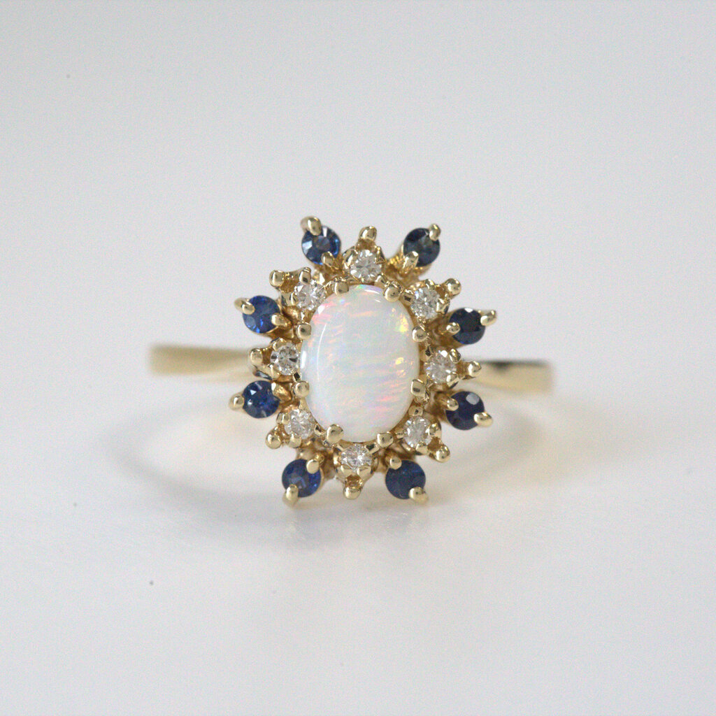 American Jewelry ESTATE 14k Yellow Gold Oval Opal Sapphire & Diamond Halo Ring (Size 10.25)