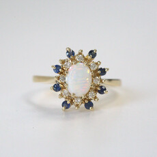 American Jewelry ESTATE 14k Yellow Gold Oval Opal Sapphire & Diamond Halo Ring (Size 10.25)