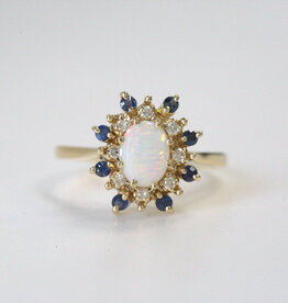 American Jewelry ESTATE 14k Yellow Gold Oval Opal Sapphire & Diamond Halo Ring (Size 10.25)
