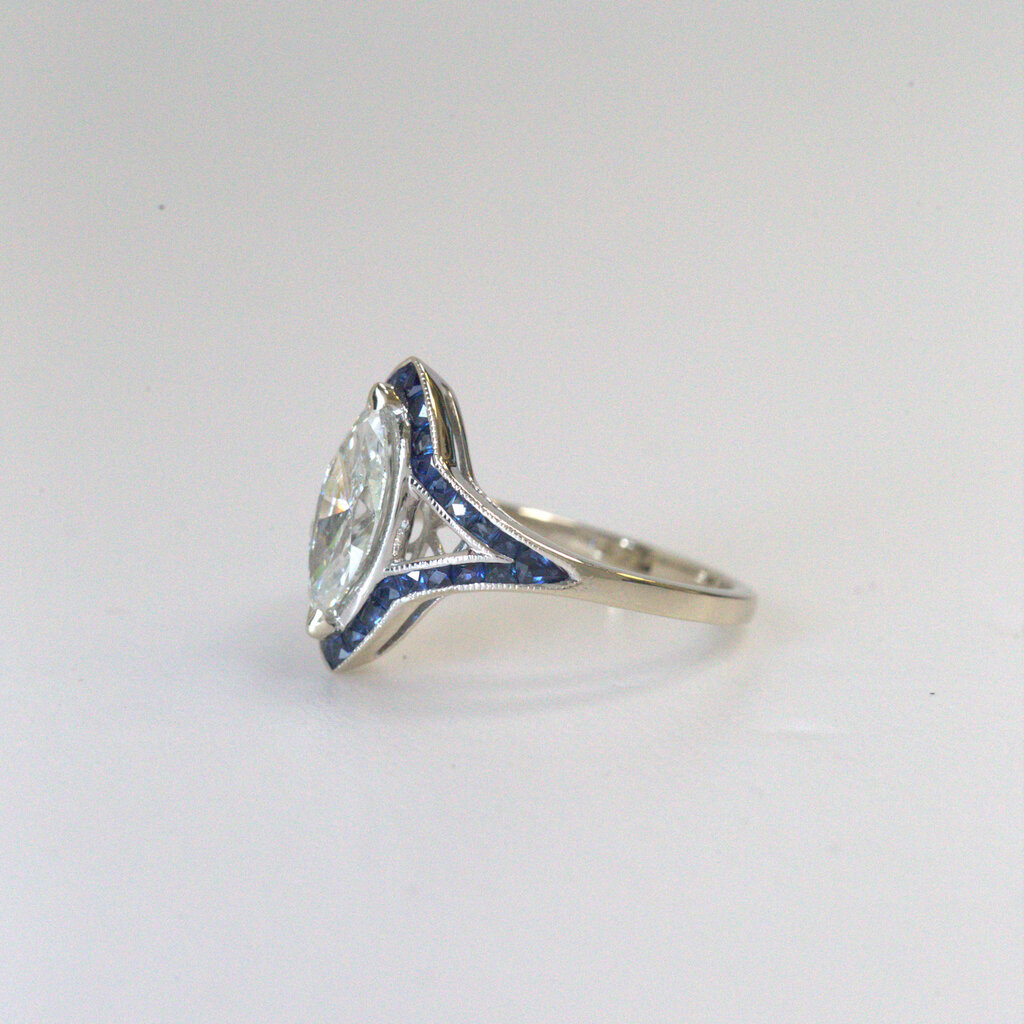 American Jewelry 14k White Gold 1.14ct (H/SI1)  Marquise Diamond & 1.58ctw Sapphire Venetti Engagement Ring (Size 6.5)