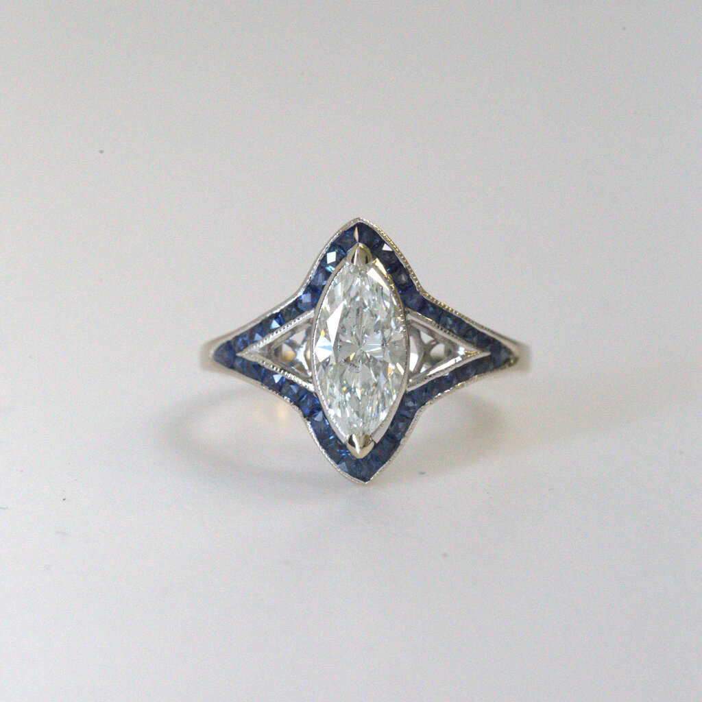 American Jewelry 14k White Gold 1.14ct (H/SI1)  Marquise Diamond & 1.58ctw Sapphire Venetti Engagement Ring (Size 6.5)