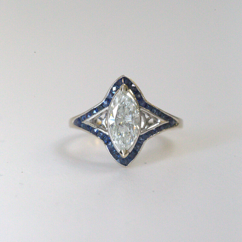 American Jewelry 14k White Gold 1.14ct (H/SI1)  Marquise Diamond & 1.58ctw Sapphire Venetti Engagement Ring (Size 6.5)