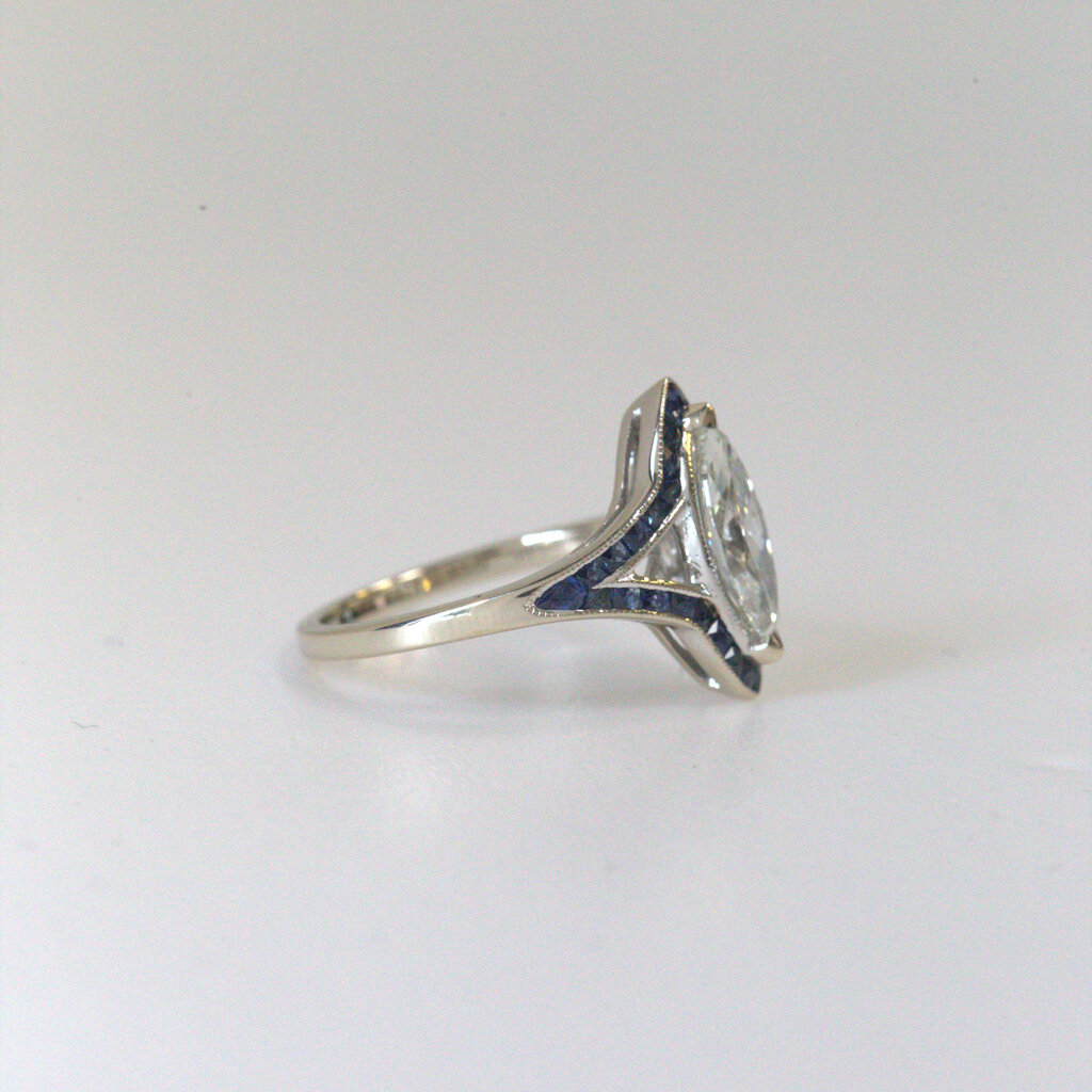 American Jewelry 14k White Gold 1.14ct (H/SI1)  Marquise Diamond & 1.58ctw Sapphire Venetti Engagement Ring (Size 6.5)