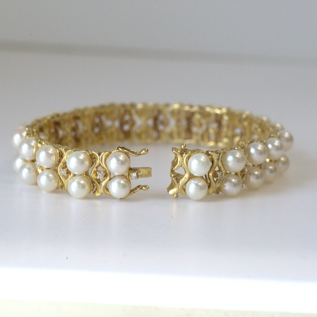 American Jewelry ESTATE 1/4ctw Diamond Double Row Pearl Bracelet (7")