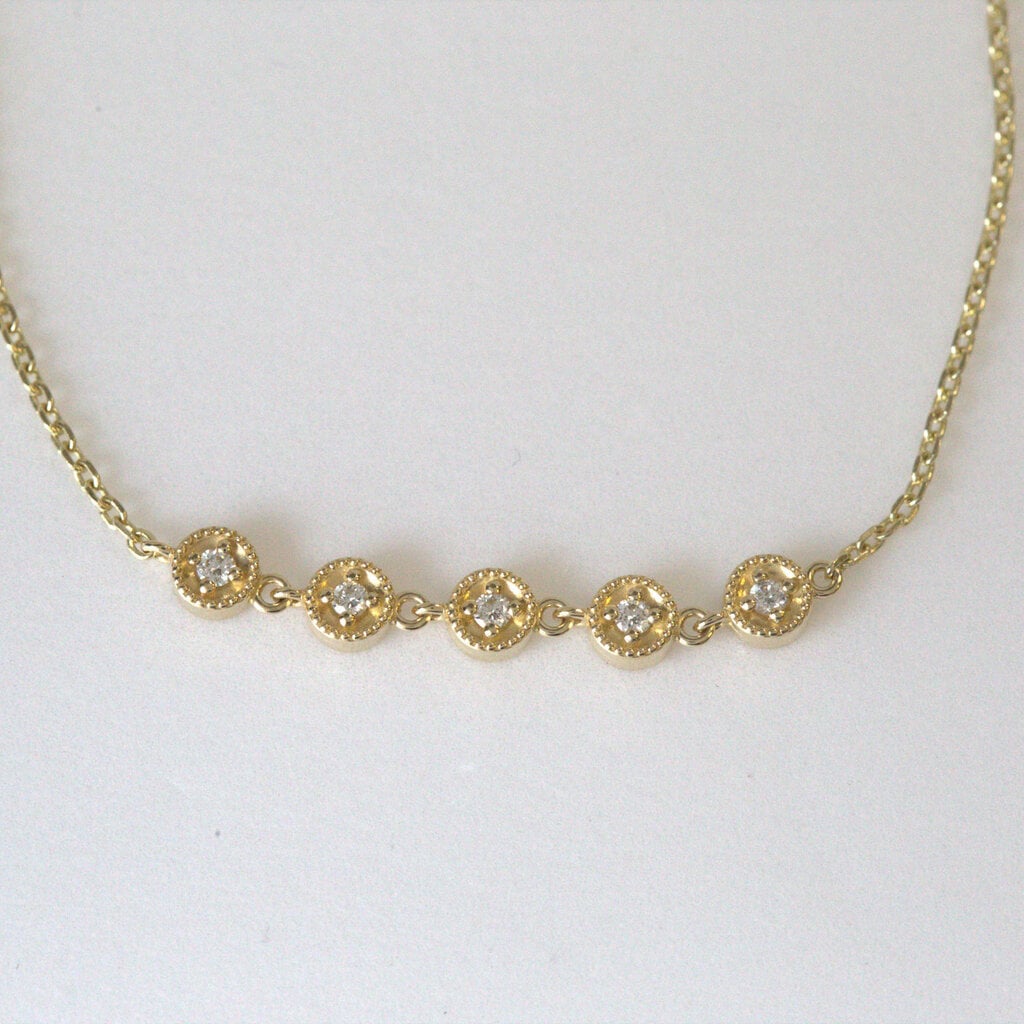 American Jewelry 14k Yellow Gold 0.12ctw Diamond Milgrain Bezel 5-Link Chain Bracelet (7.5")