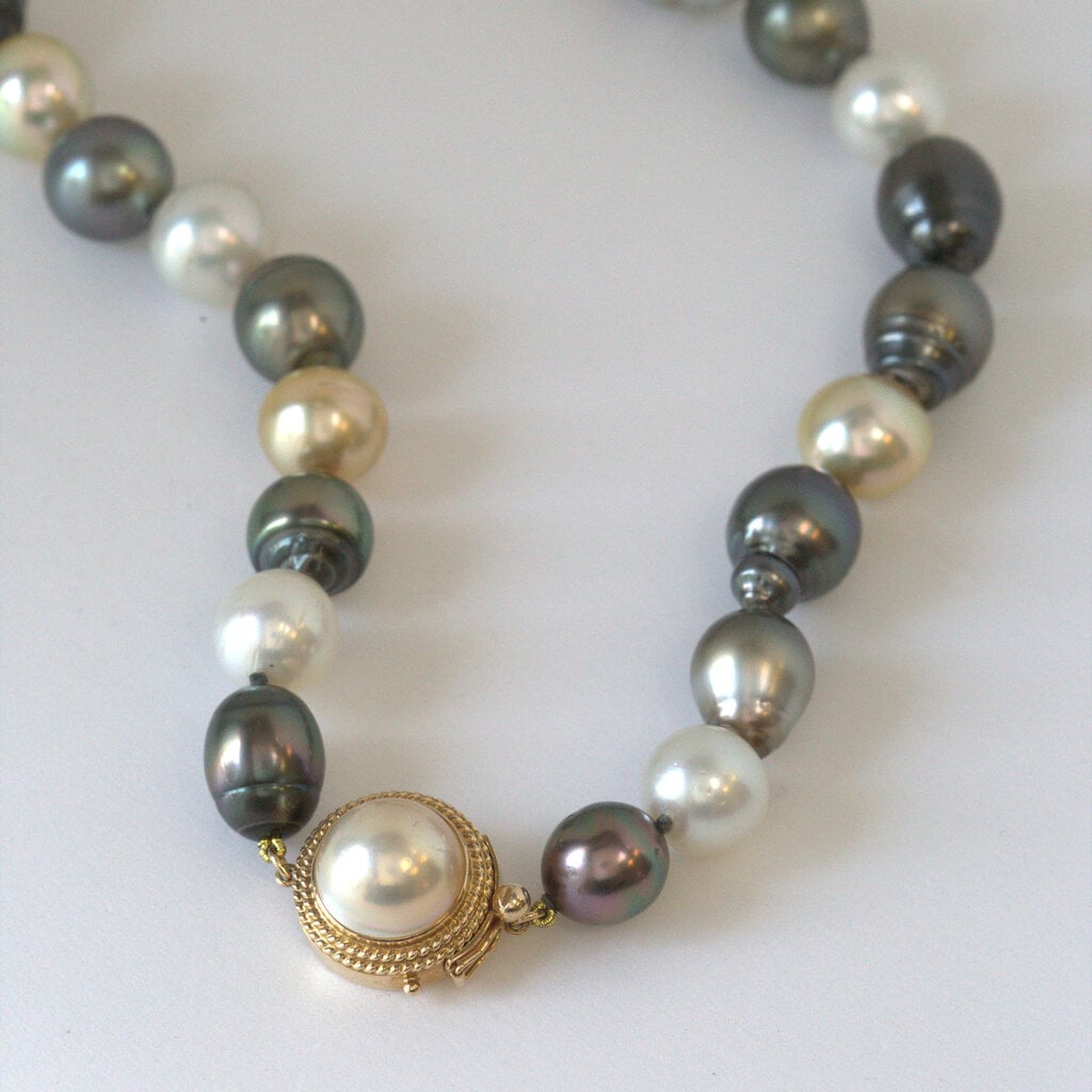 American Jewelry 14k Yellow Gold Multicolor 12-14mm Pearl Necklace Strand (18")
