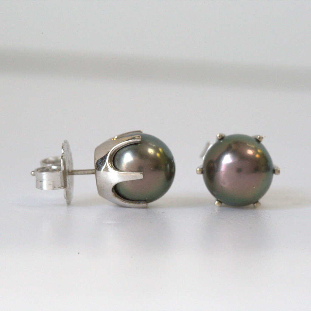 American Jewelry ESTATE 18k White Gold 10mm Tahitian Pearl Stud Earrings