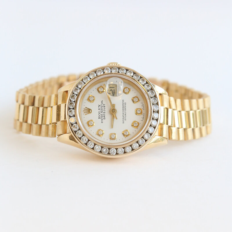 Rolex Pre-Owned Rolex 18k Gold Oyster Perpetual Datejust w/ Diamond Bezel & White Dial