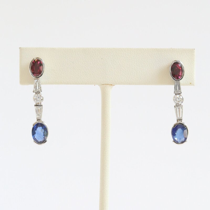 American Jewelry 14k White Gold 1.80ct Pink Tourmaline 2.03ct Ceylon Sapphire 1.4ctw Diamond Bezel Dangle Earrings