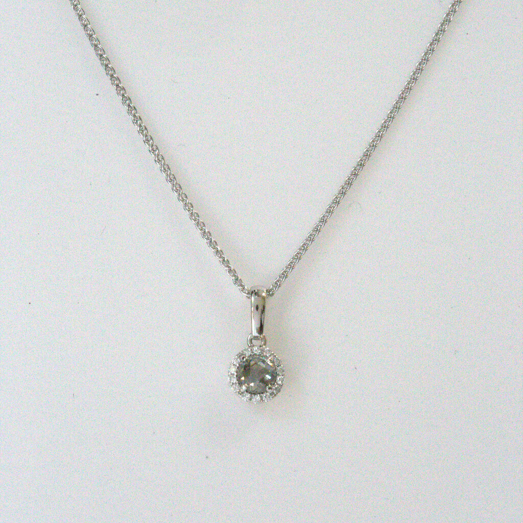 American Jewelry 14k White Gold 1/3ctw Rose-Cut Grey Diamond Halo Pendant Necklace (16"-18")