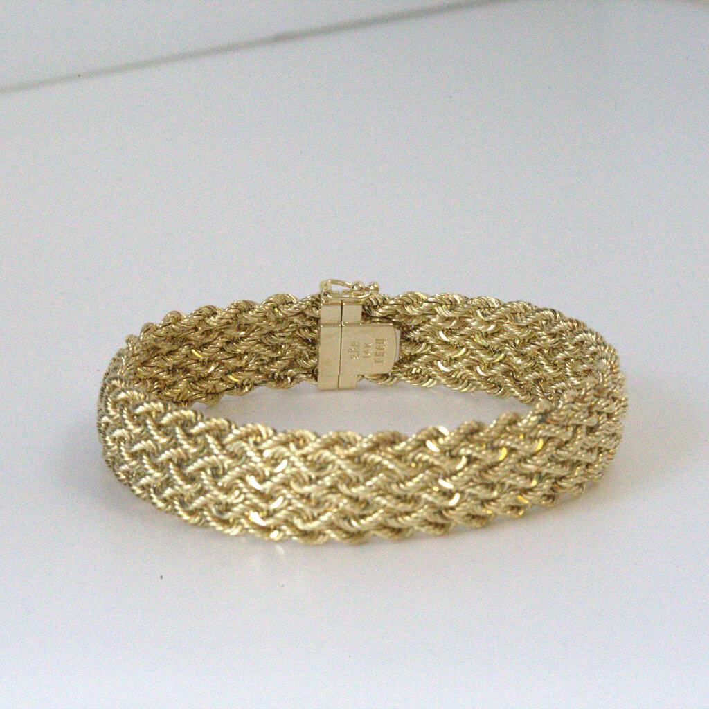 American Jewelry ESTATE 14k Yellow Gold 14mm Woven Rope Bracelet (7.5")