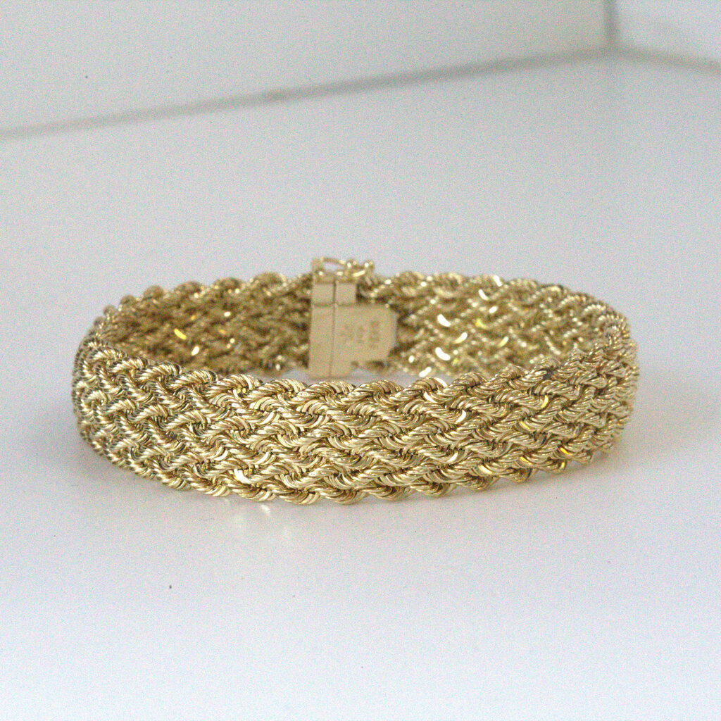 American Jewelry ESTATE 14k Yellow Gold 14mm Woven Rope Bracelet (7.5")