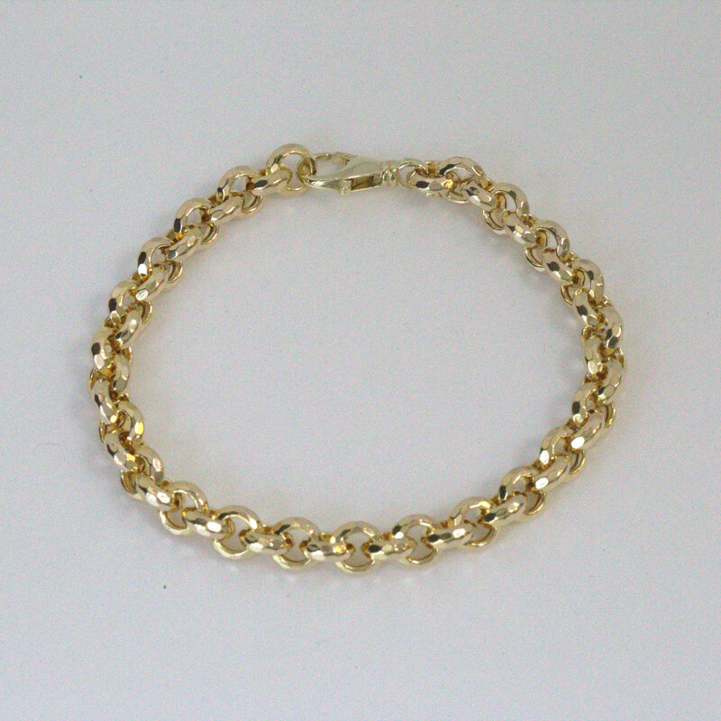 American Jewelry 14k Yellow Gold 7mm Hammered Rolo Chain Bracelet (7.5")