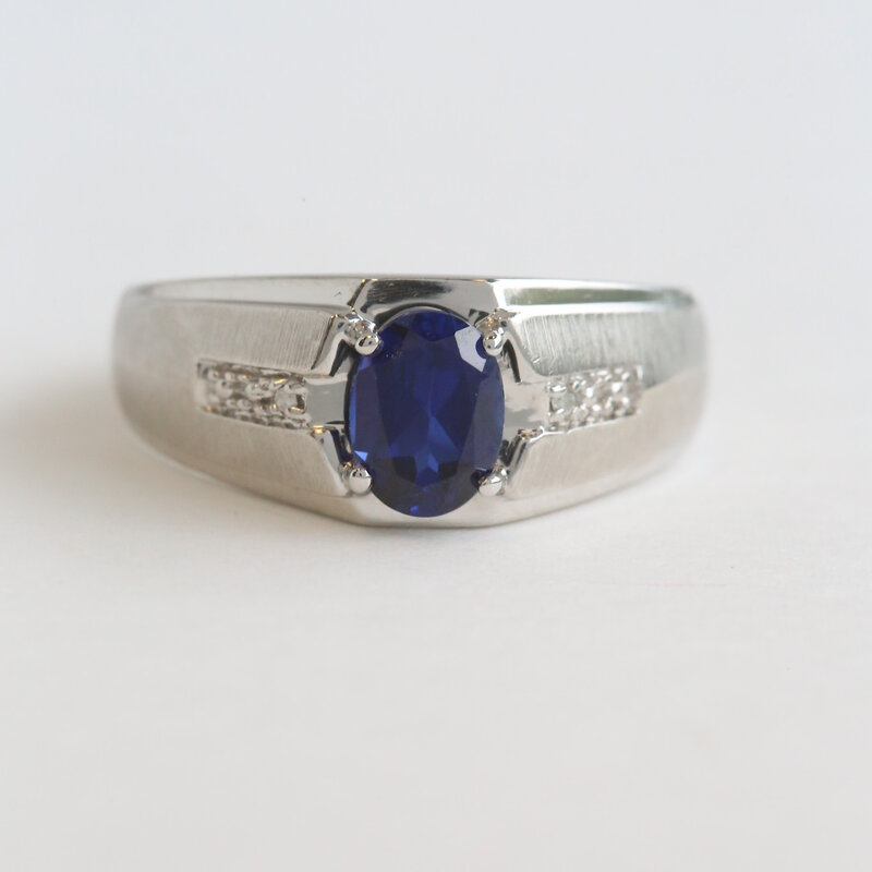American Jewelry ESTATE 10k White Gold Synthetic Sapphire & Diamond Accent Mens Ring
