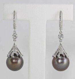 American Jewelry ESTATE 14k White Gold 11.5mm Black Tahitian Pearl & .50ctw Diamond Dangle Earrings